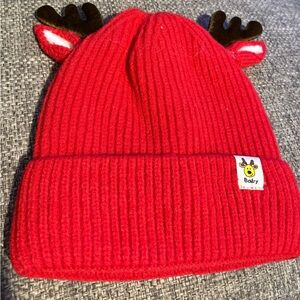 Festive Red Baby Hat with Reindeer Antlers
